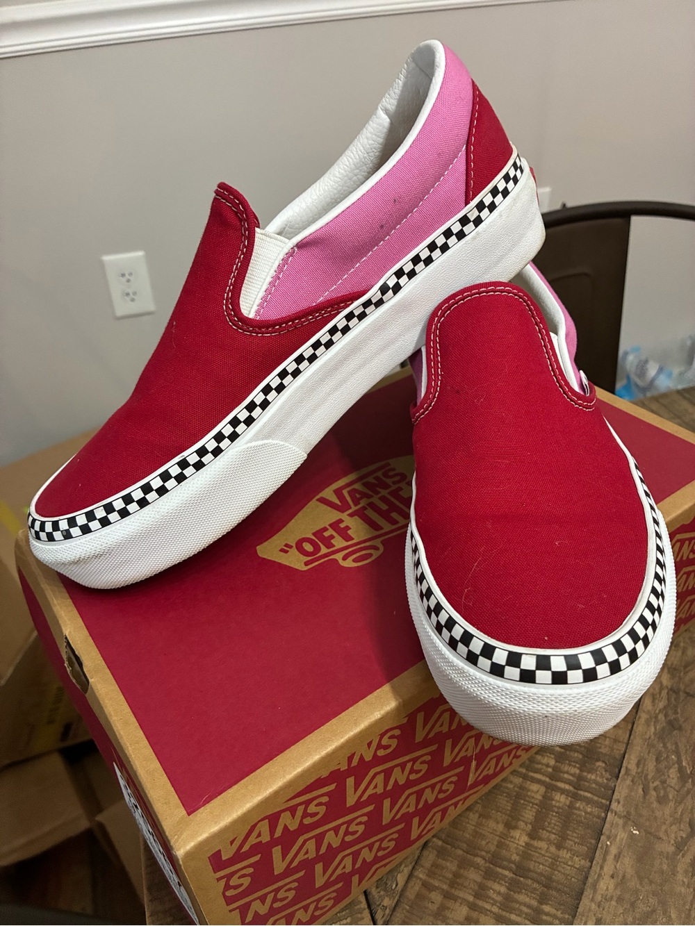 Vans Canvas Slip-On Sneakers - Red & Pink with Checkerboard Trim - Picture 3 of 5